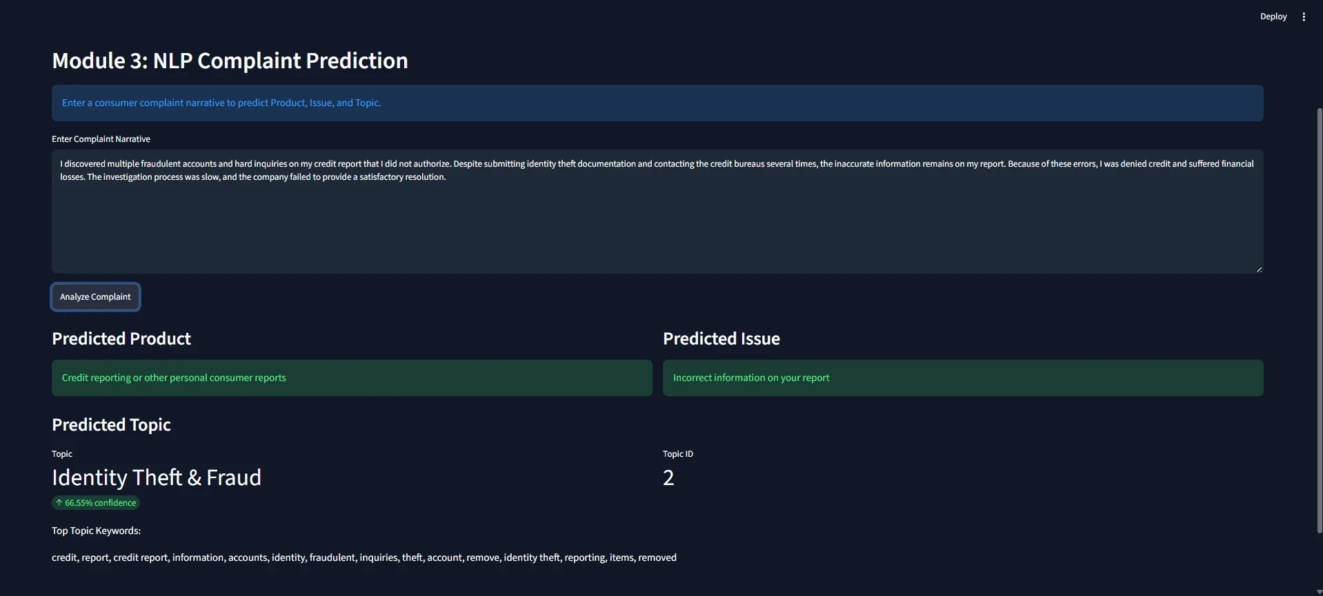 Complaint NLP product, issue and topic prediction interface