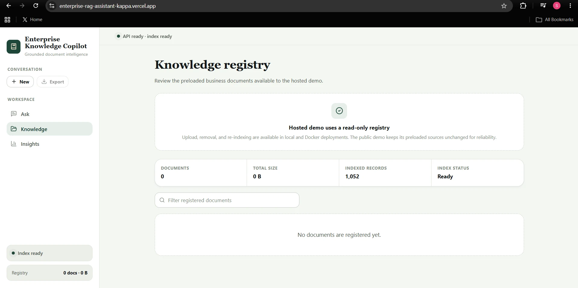 Enterprise RAG read-only knowledge registry interface